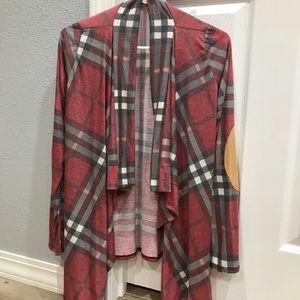 Plaid Cardigan with brown elbow patches.